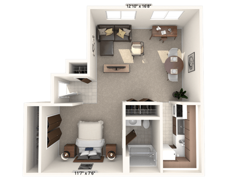 Floor plan for studio, 1 bath, 455 sqft